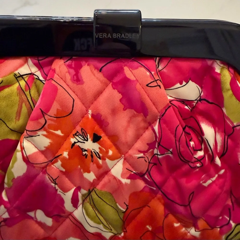 Vera Bradley Pink Vintage Rose Millie Floral Quilted Satin Clutch Black Lucite - Picture 7 of 11